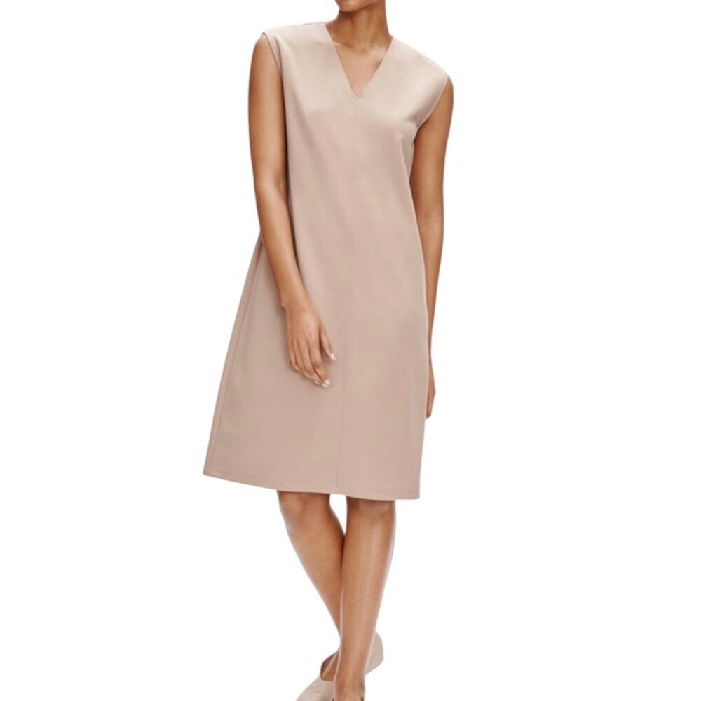 Eileen Fisher Flex Tencel Ponte V-Neck Dress shift minimalist tan lagen look